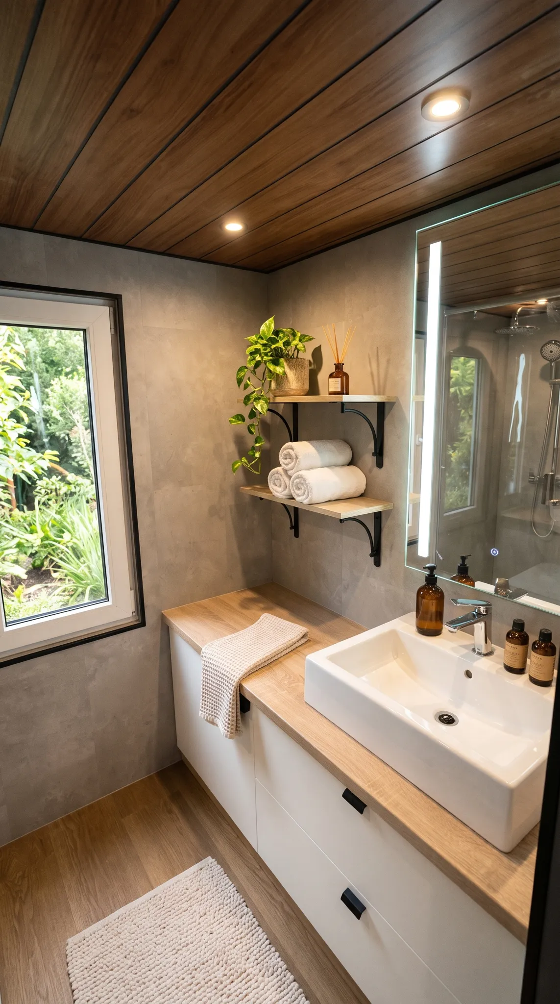 Bathroom with a white vanity, square basin and a lit mirror under a timber ceiling