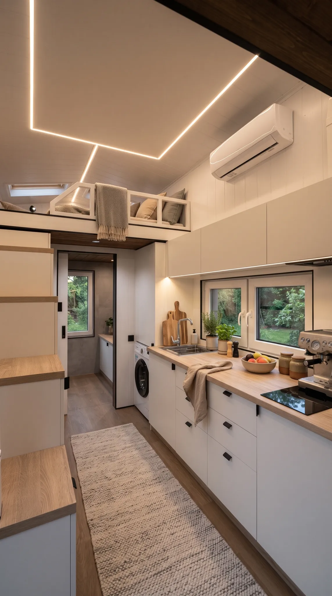 Galley kitchen with white cabinets, wood-effect worktop, induction hob and washing machine, LED lines in the double-height ceiling