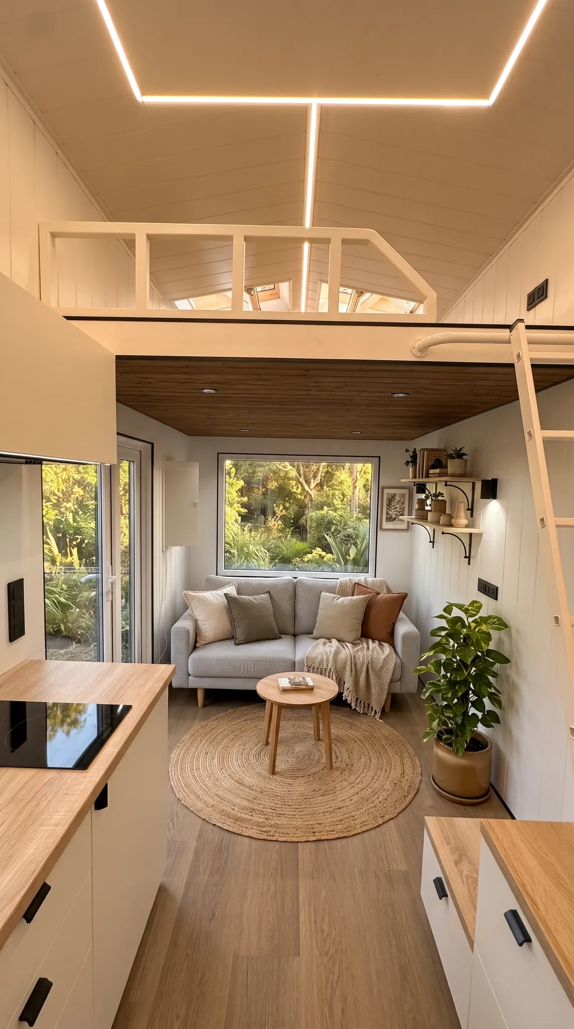 Living room with a grey two-seat sofa under the end window, the kitchen worktop on the left and a loft with a ladder above