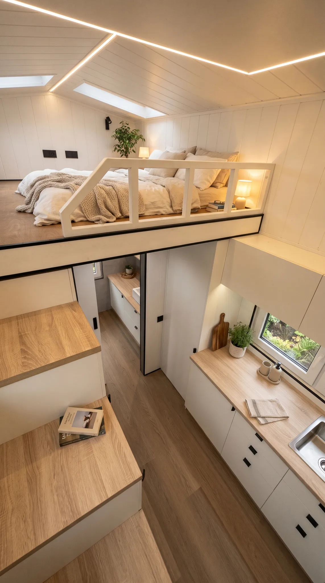 View down from the step unit: a made-up double bed on the loft and the kitchen below