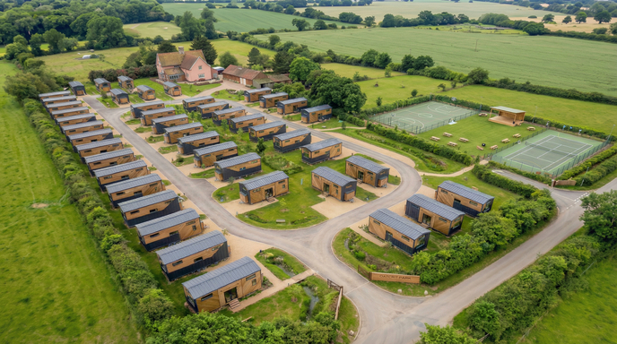 Timber modular cabins within a landscaped setting